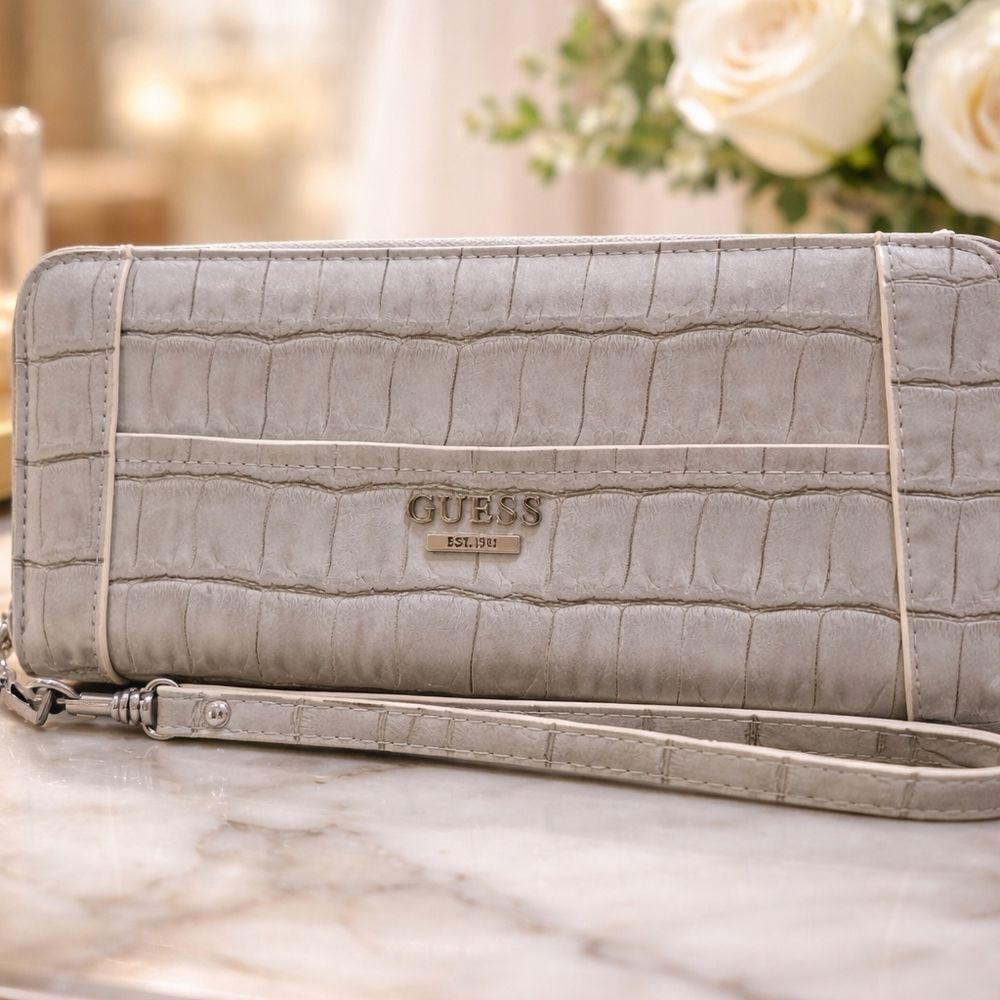 Guess Huntley Grey Croc Embossed Zip Around Large Wallet Clutch
